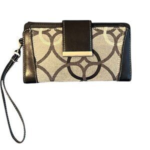 Black Gray Geometric Print Wristlet Wallet/Organizer w Calculator Pen Multi pock